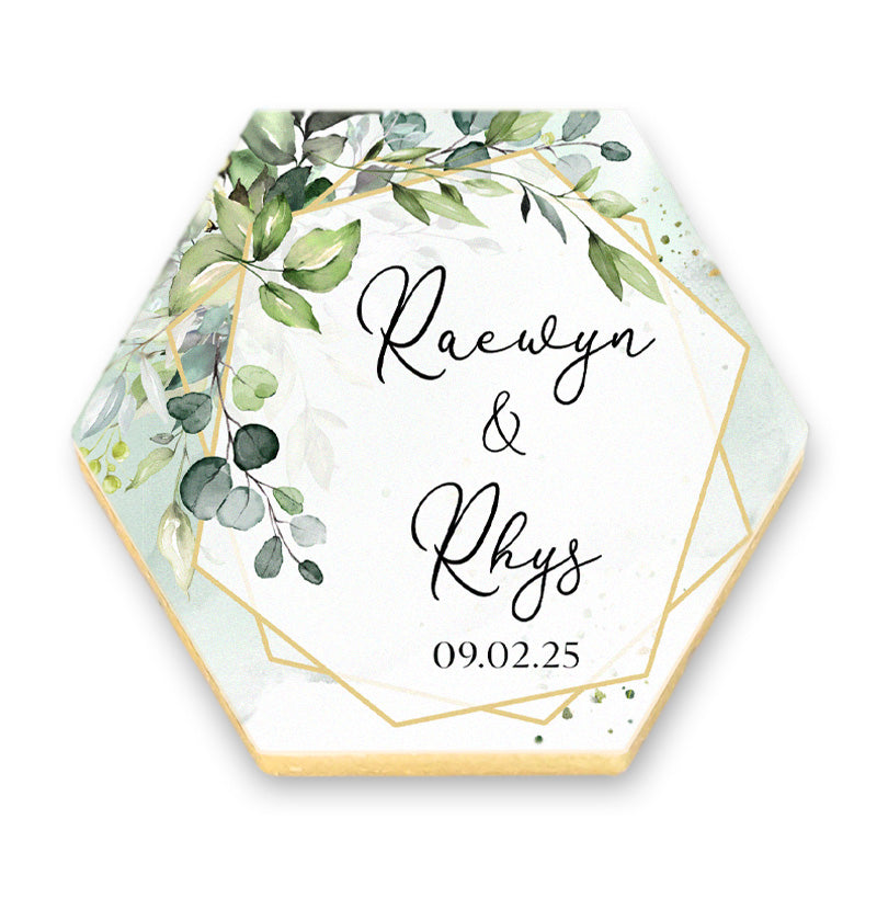Greenery Hexagon Cookies with Names and Date